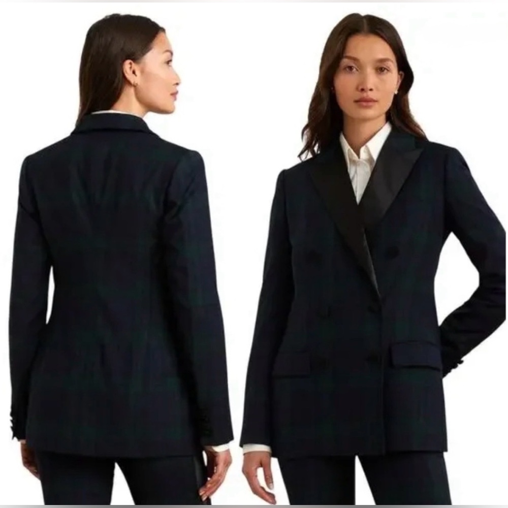 Lauren Ralph Lauren Green Navy Plaid Blazer Black Satin Trim Holiday Preppy 20W - Picture 3 of 9